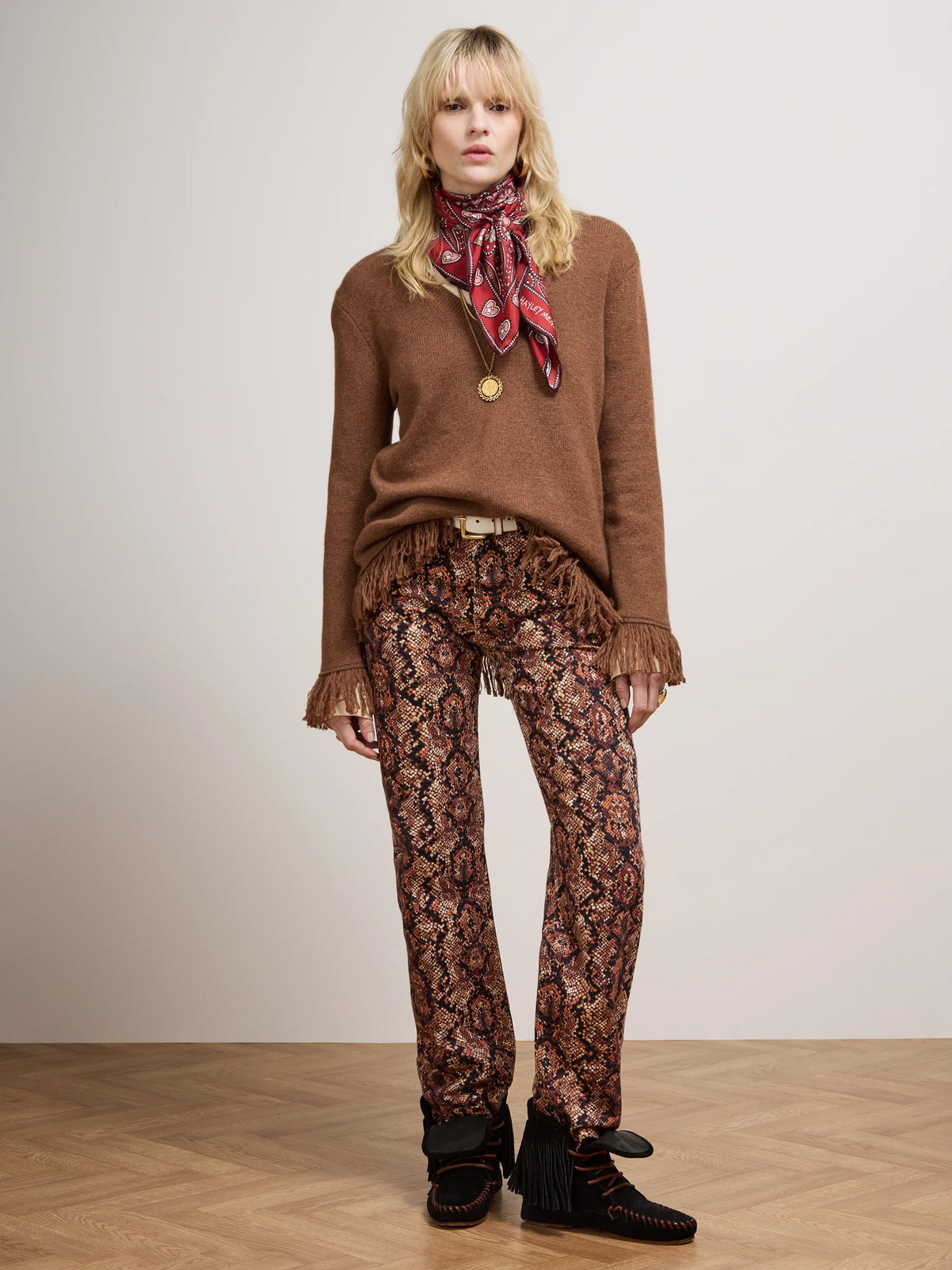 Hayley Menzies Cashmere fringe v neck Brown