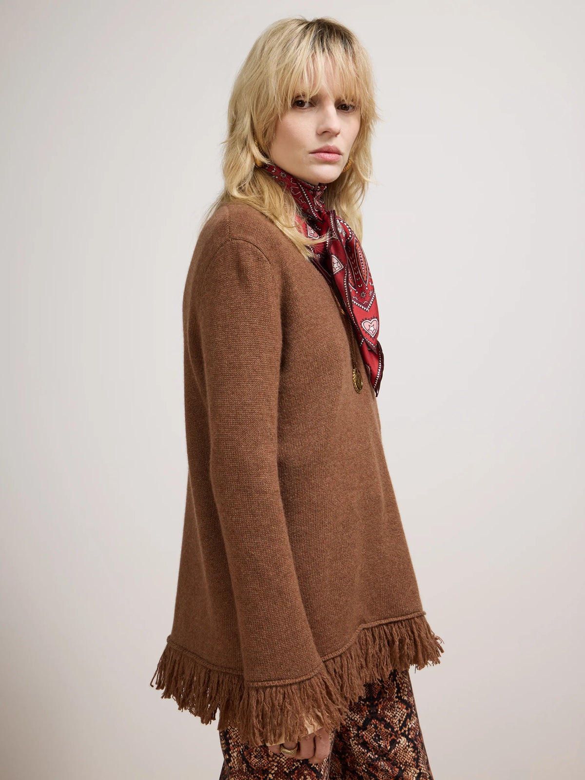 Hayley Menzies Cashmere fringe v neck Brown
