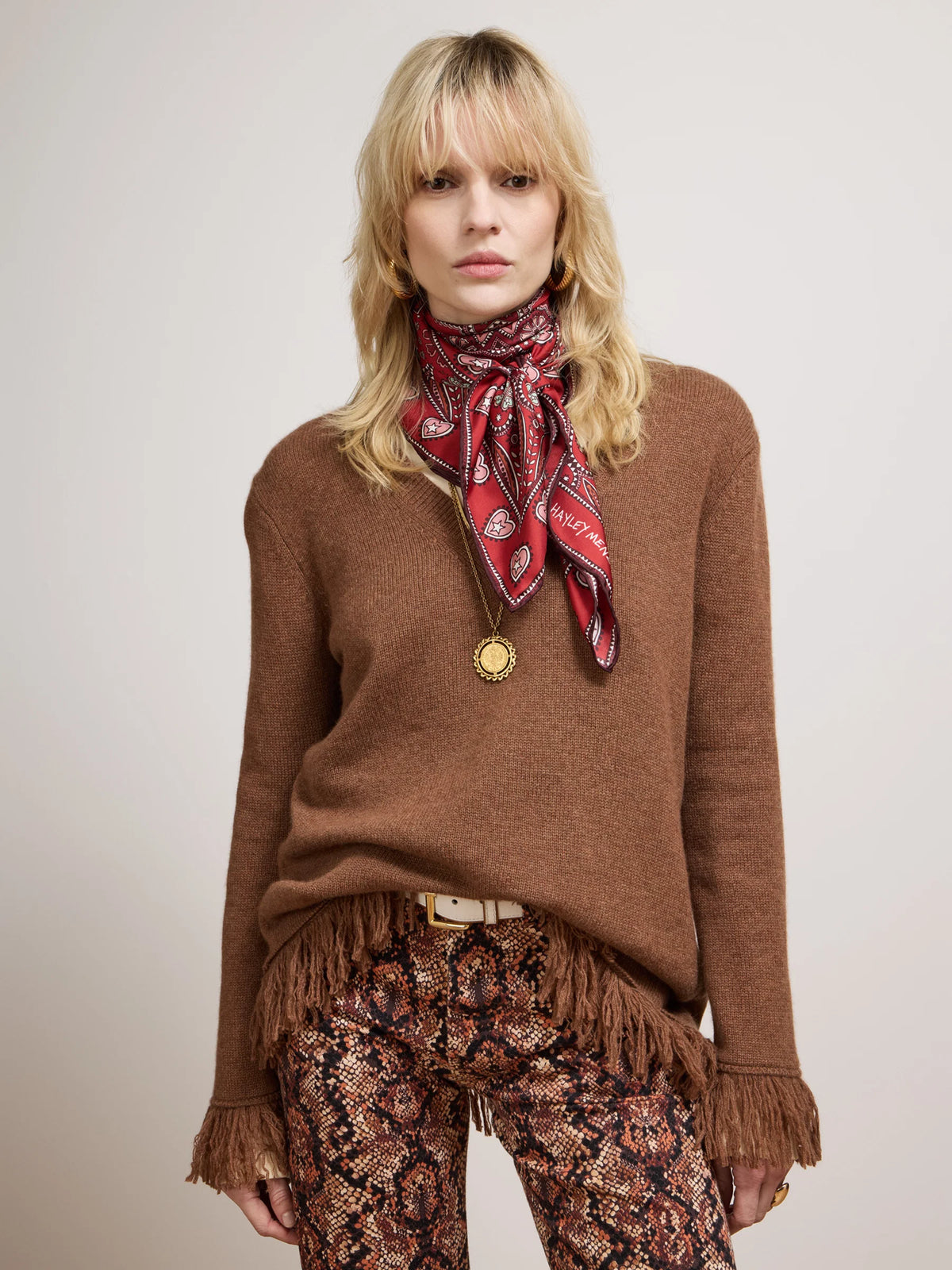 Hayley Menzies Cashmere fringe v neck Brown